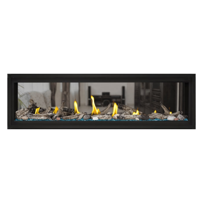 Napoleon Luxuria 62" See Thru Linear Direct Vent Gas Fireplace with Blue Glass Beads and Beach Fire Kit Face on White Background