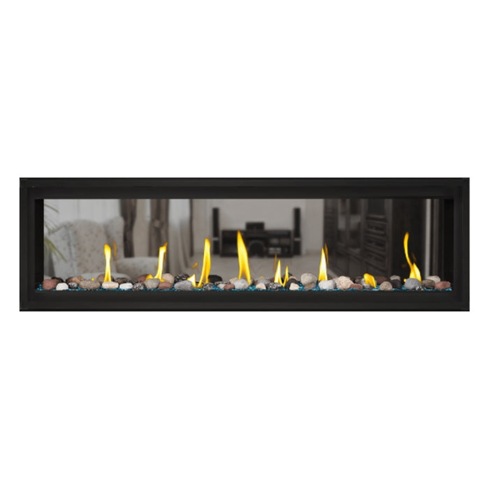 Napoleon Luxuria 62" See Thru Linear Direct Vent Gas Fireplace with Blue Glass Beads and Mineral Rock Kit Face on White Background