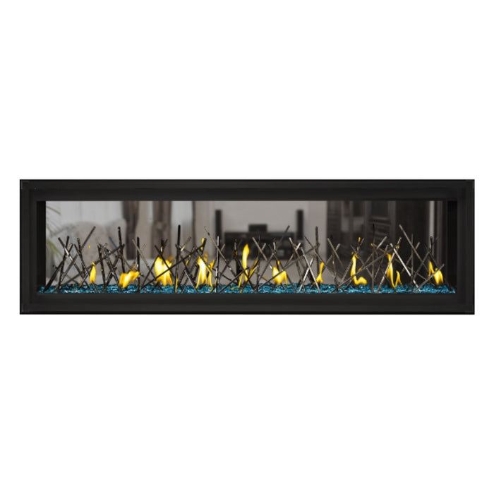 Napoleon Luxuria 62" See Thru Linear Direct Vent Gas Fireplace with Blue Glass Beads and Nickel Stix Kit Face on White Background