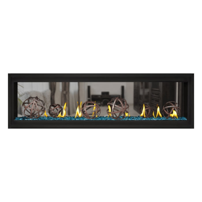 Napoleon Luxuria 62" See Thru Linear Direct Vent Gas Fireplace with Blue Glass Beads and Wrought Iron Globe Kit Face on White Background