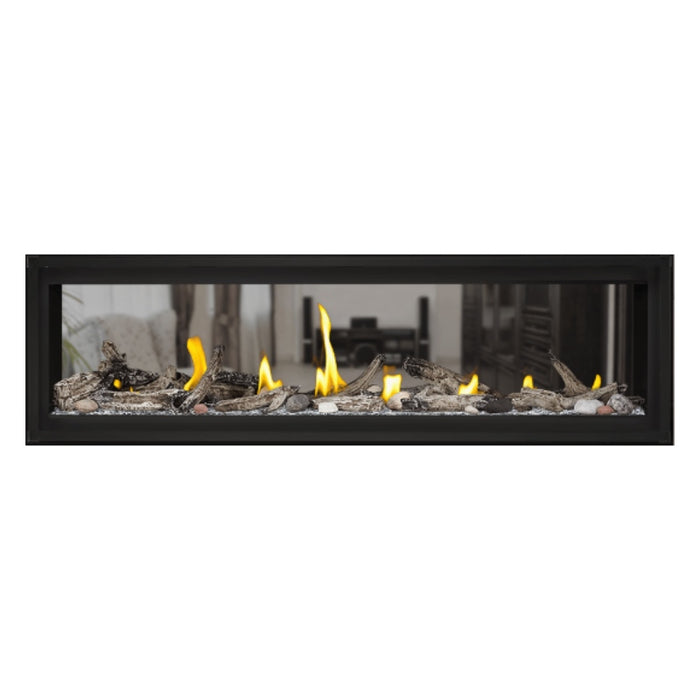 Napoleon Luxuria 62" See Thru Linear Direct Vent Gas Fireplace with Clear Glass Beads and Beach Fire Kit Face on White Background