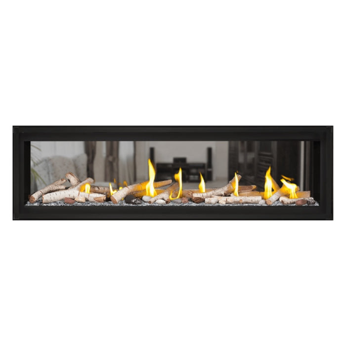 Napoleon Luxuria 62" See Thru Linear Direct Vent Gas Fireplace with Clear Glass Beads and Birch Log Kit Face on White Background