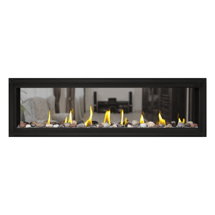 Napoleon Luxuria 62" See Thru Linear Direct Vent Gas Fireplace with Clear Glass Beads and Mineral Rock Kit Face on White Background