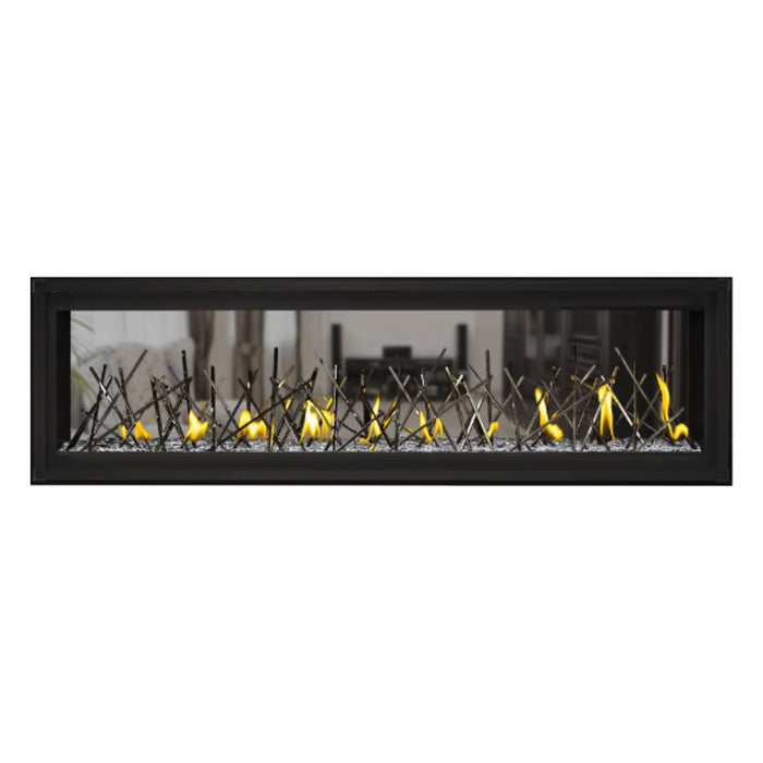 Napoleon Luxuria 62" See Thru Linear Direct Vent Gas Fireplace with Clear Glass Beads and Nickel Stix Kit Face on White Background