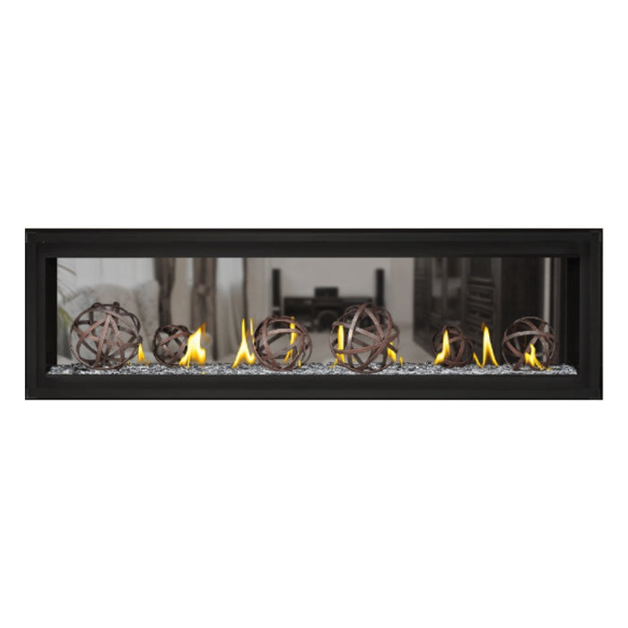 Napoleon Luxuria 62" See Thru Linear Direct Vent Gas Fireplace with Clear Glass Beads and Wrought Iron Globe Kit Face on White Background