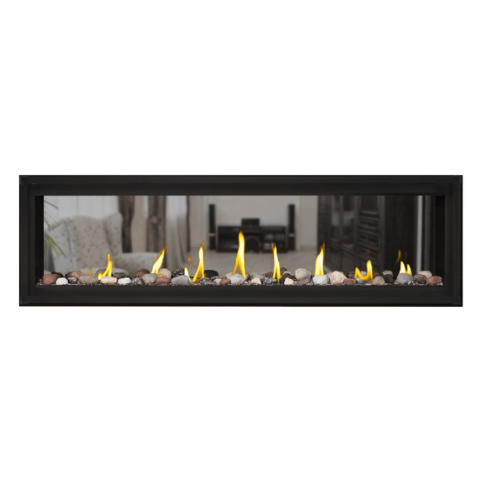  Napoleon Luxuria 62" See Thru Linear Direct Vent Gas Fireplace with Topaz Glass Beads and Mineral Rock Kit Face on White Background