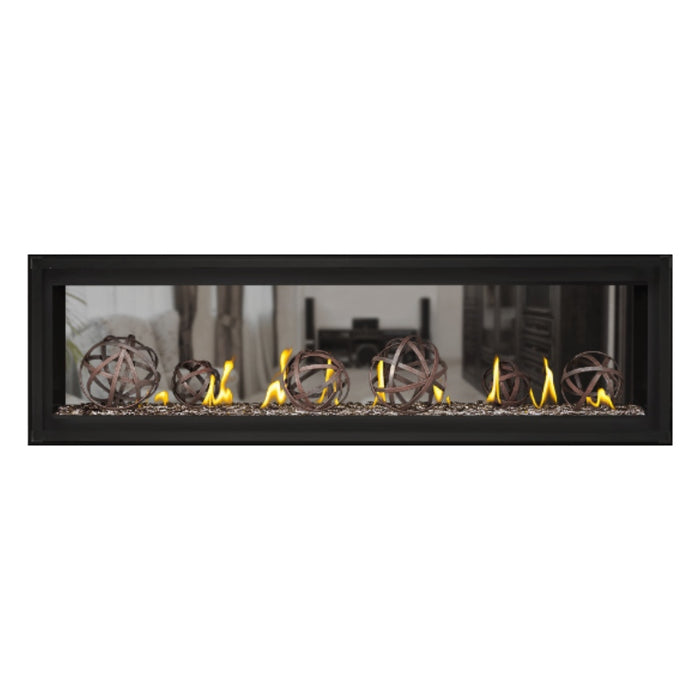  Napoleon Luxuria 62" See Thru Linear Direct Vent Gas Fireplace with Topaz Glass Beads and Wrought Iron Globe Kit Face on White Background