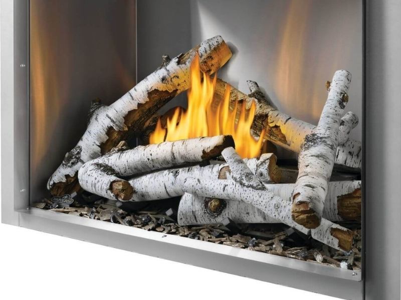 Napoleon Riverside 36 Outdoor Gas Fireplace with Standard Stainless Steel Decorative Panel and High Definition Birch Log Set Side Scaled