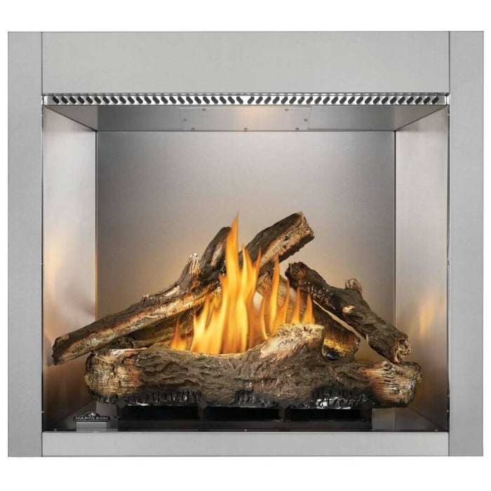 Napoleon Riverside 36 Outdoor Gas Fireplace with Standard Stainless Steel Decorative Panel and Oak Log Set