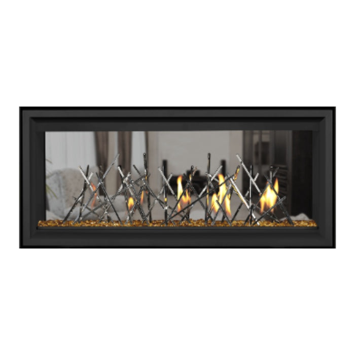  Napoleon Vector 38" See Thru Linear Direct Vent Gas Fireplace with Amber Glass Beads and Nickel Stix Kit Face on White Background