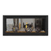 Napoleon Vector 38" See Thru Linear Direct Vent Gas Fireplace with Amber Glass Beads and Wrought Iron Globe Kit Face on White Background