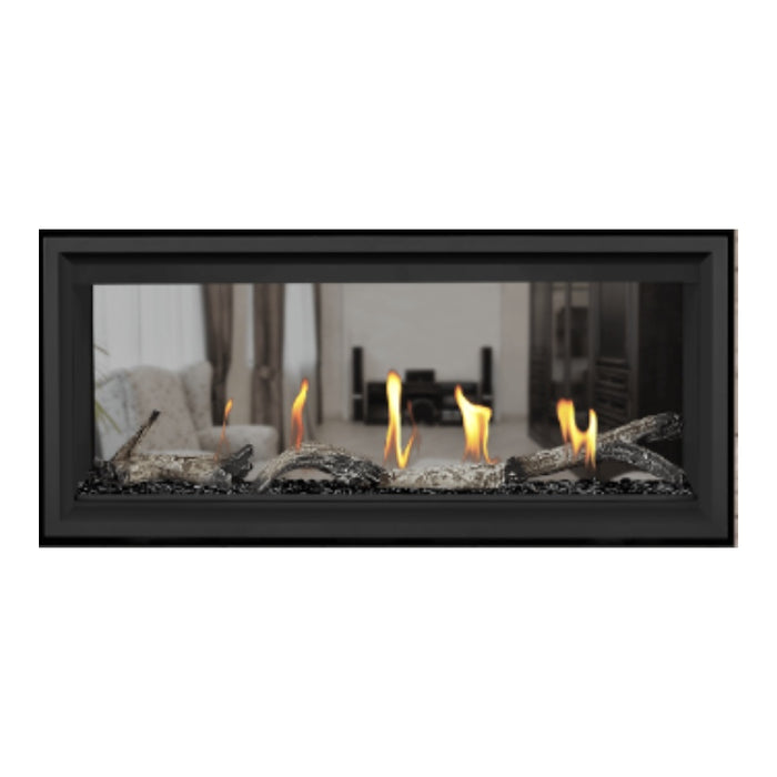 Napoleon Vector 38" See Thru Linear Direct Vent Gas Fireplace with Black Glass Beads and Beach Fire Kit Face on White Background