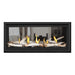 Napoleon Vector 38" See Thru Linear Direct Vent Gas Fireplace with Black Glass Beads and Birch Log Kit Face on White Background