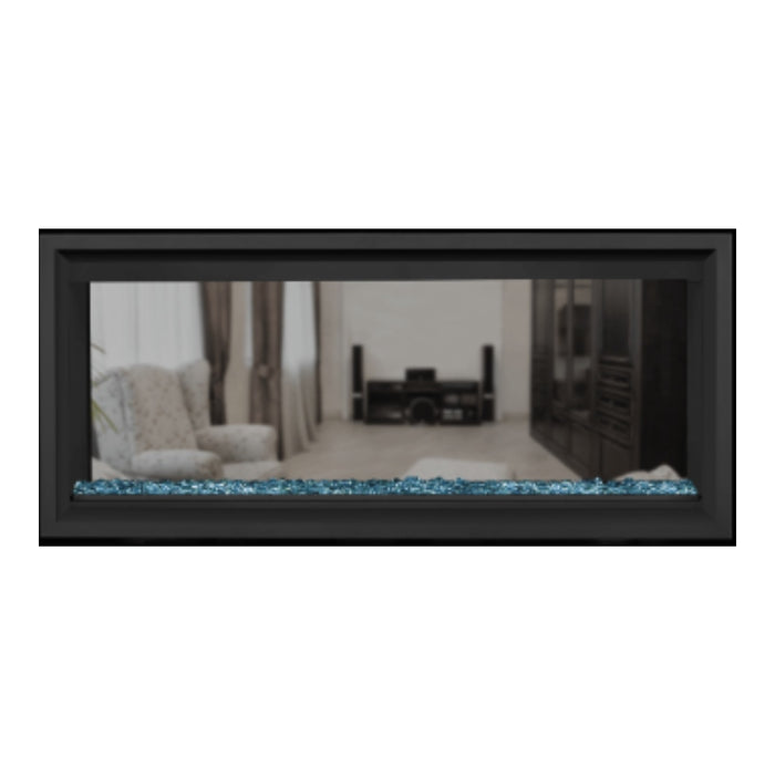  Napoleon Vector 38" See Thru Linear Direct Vent Gas Fireplace with Blue Glass Beads Face on White Background