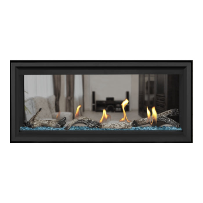 Napoleon Vector 38" See Thru Linear Direct Vent Gas Fireplace with Blue Glass Beads and Beach Fire Kit Face on White Background