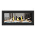 Napoleon Vector 38" See Thru Linear Direct Vent Gas Fireplace with Blue Glass Beads and Birch Log Kit Face on White Background