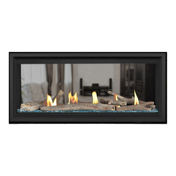 Napoleon Vector 38" See Thru Linear Direct Vent Gas Fireplace with Blue Glass Beads and Contemporary Log Kit Face on White Background