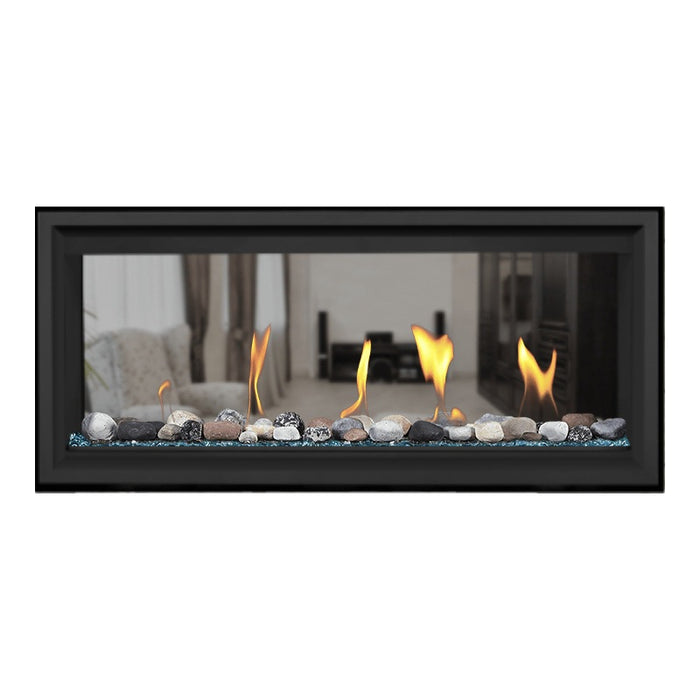 Napoleon Vector 38" See Thru Linear Direct Vent Gas Fireplace with Blue Glass Beads and Mineral Rock Kit Face on White Background