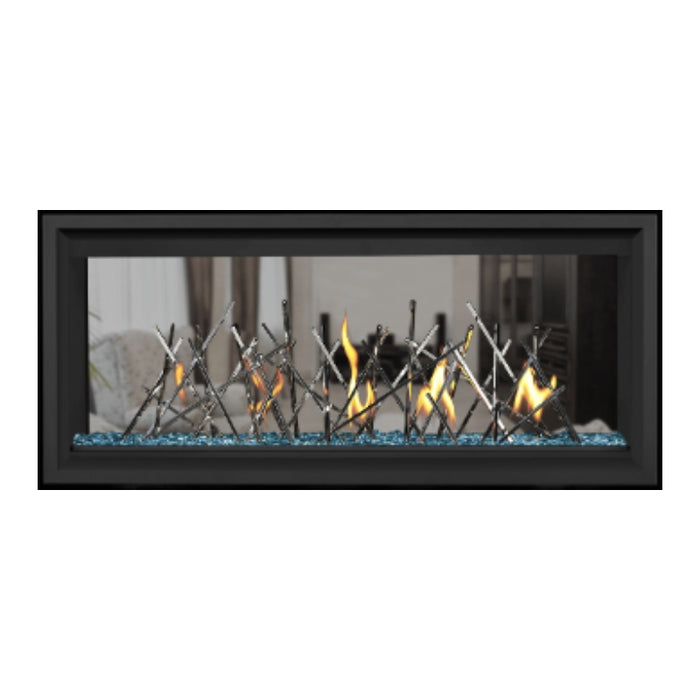 Napoleon Vector 38" See Thru Linear Direct Vent Gas Fireplace with Blue Glass Beads and Nickel Stix Kit Face on White Background