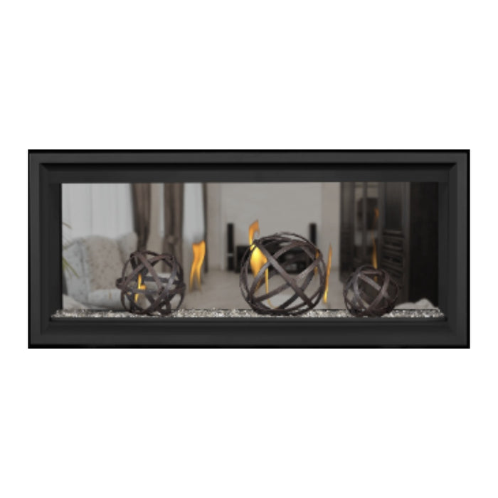 Napoleon Vector 38" See Thru Linear Direct Vent Gas Fireplace with Clear Glass Beads and Wrought Iron Globe Kit Face on White Background