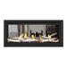  Napoleon Vector 38" See Thru Linear Direct Vent Gas Fireplace with Shore Fire and Birch Log Kit Face on White Background