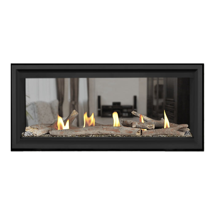 Napoleon Vector 38" See Thru Linear Direct Vent Gas Fireplace with Topaz Glass Beads and Contemporary Log Kit Face on White Background