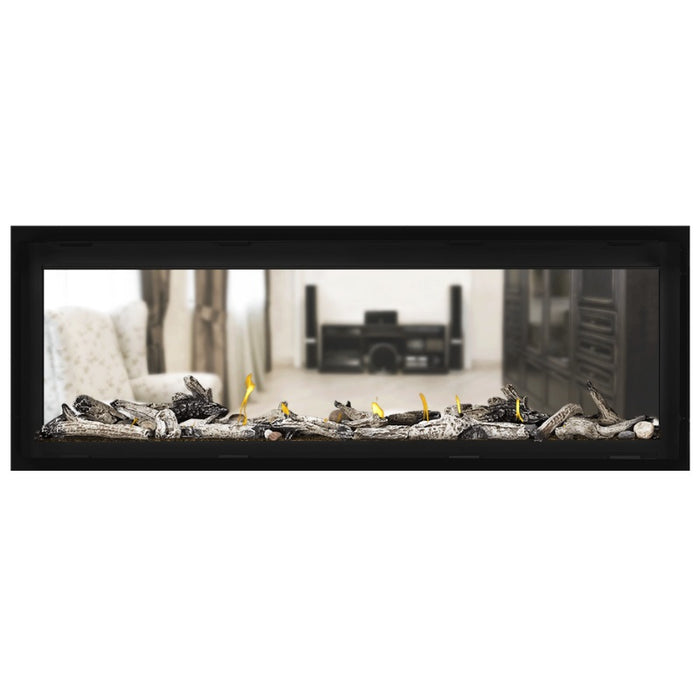 Napoleon Vector 50 See Thru Linear Direct Vent Gas Fireplace with Amber Crushed Glass Embers and Beach Fire Log Kit