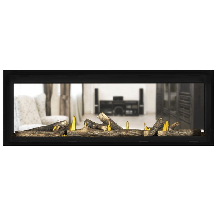 Napoleon Vector 50 See Thru Linear Direct Vent Gas Fireplace with Amber Crushed Glass Embers and High Definition Oak Logs