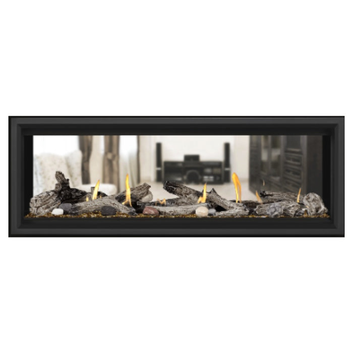 Napoleon Vector 50" See Thru Linear Direct Vent Gas Fireplace with Amber Glass Beads and Beach Fire Kit Face on White Background