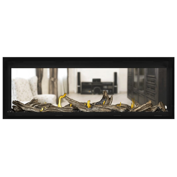 Napoleon Vector 50 See Thru Linear Direct Vent Gas Fireplace with Black Crushed Glass Embers and High Definition Driftwood Logs