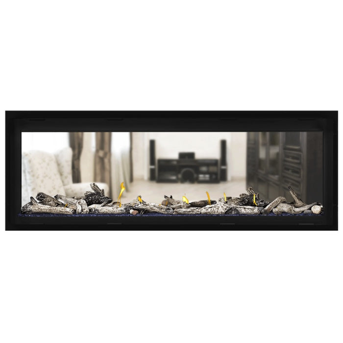 Napoleon Vector 50 See Thru Linear Direct Vent Gas Fireplace with Blue Crushed Glass Embers and Beach Fire Log Kit