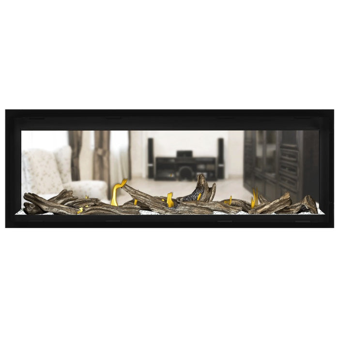 Napoleon Vector 50 See Thru Linear Direct Vent Gas Fireplace with Clear Crushed Glass Embers and High Definition Driftwood Logs