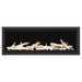 Napoleon Vector 50" See Thru Linear Direct Vent Gas Fireplace with Shore Fire and Birch Log Kit Face on White Background