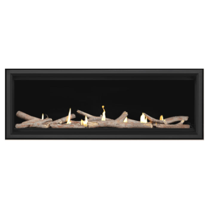 Napoleon Vector 50" See Thru Linear Direct Vent Gas Fireplace with Shore Fire and Contemporary Log Kit Face on White Background