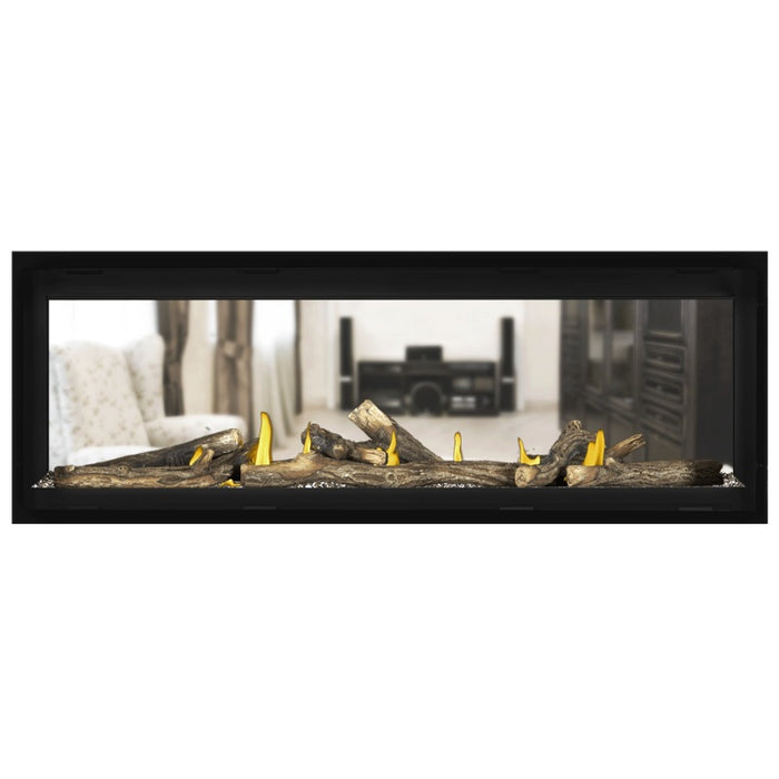 Napoleon Vector 50 See Thru Linear Direct Vent Gas Fireplace with Topaz Crushed Glass Embers and High Definition Oak Logs