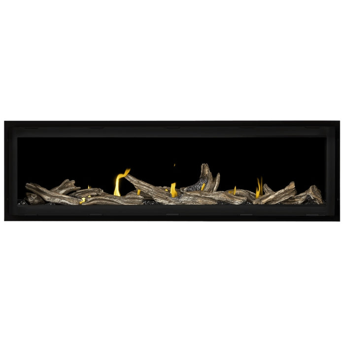 Napoleon Vector 62 Linear Gas Fireplace with Black Crushed Glass Embers and High Definition Driftwood Logs