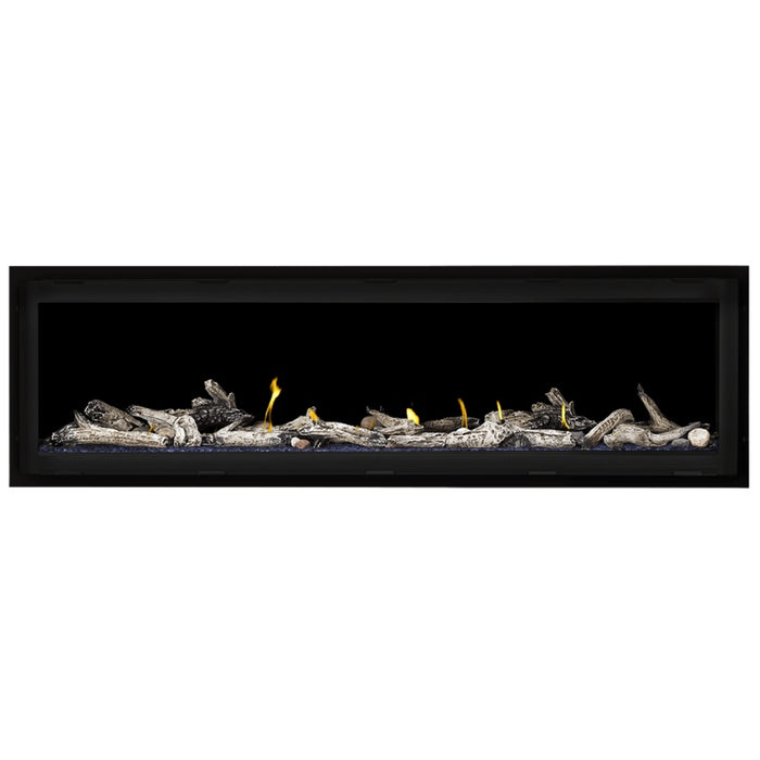 Napoleon Vector 62 Linear Gas Fireplace with Blue Crushed Glass Embers and Beach Fire Log Kit