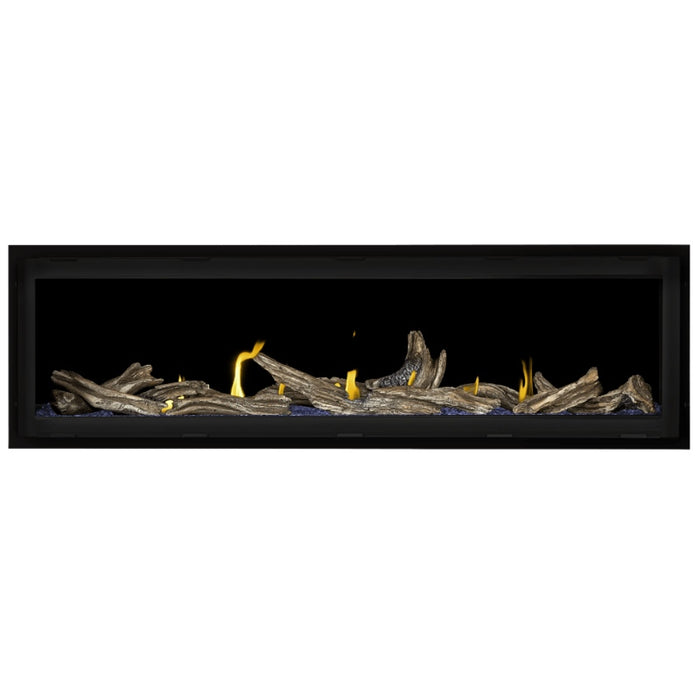 Napoleon Vector 62 Linear Gas Fireplace with Blue Crushed Glass Embers and High Definition Driftwood Logs