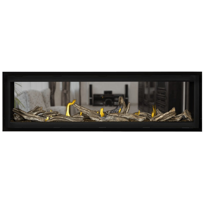 Napoleon Vector 62 See Thru Linear Direct Vent Gas Fireplace Amber Crushed Glass Embers and High Definition Driftwood Logs