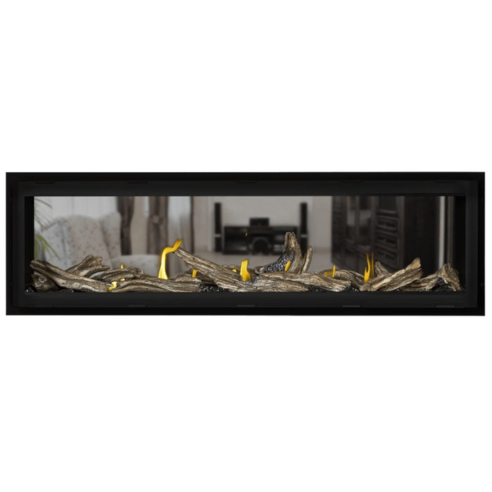 Napoleon Vector 62 See Thru Linear Direct Vent Gas Fireplace Black Crushed Glass Embers and High Definition Driftwood Logs