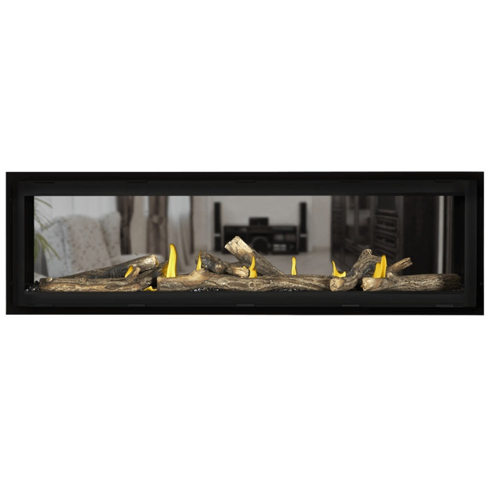 Napoleon Vector 62 See Thru Linear Direct Vent Gas Fireplace Black Crushed Glass Embers and High Definition Oak Logs
