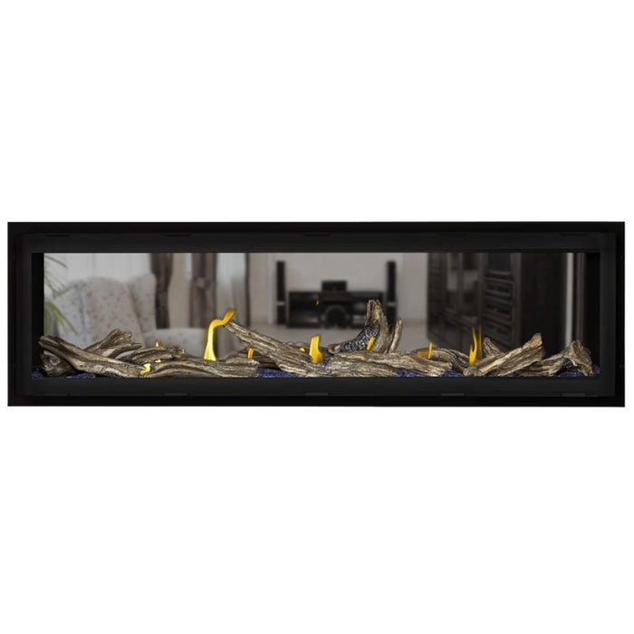 Napoleon Vector 62 See Thru Linear Direct Vent Gas Fireplace Blue Crushed Glass Embers and High Definition Driftwood Logs