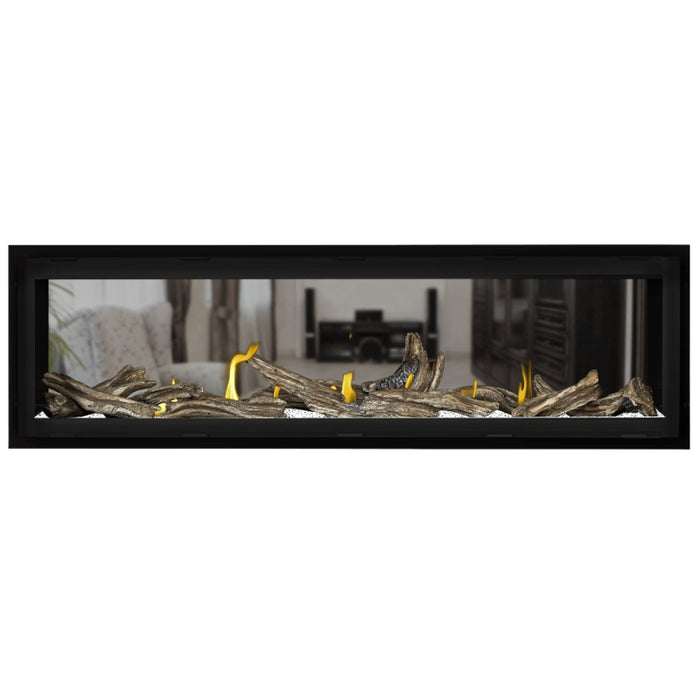 Napoleon Vector 62 See Thru Linear Direct Vent Gas Fireplace Clear Crushed Glass Embers and High Definition Driftwood Logs