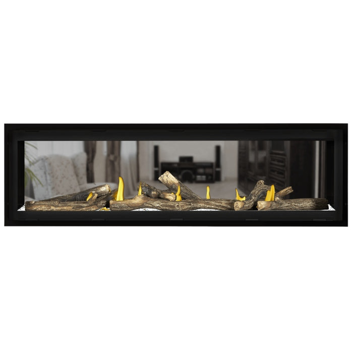 Napoleon Vector 62 See Thru Linear Direct Vent Gas Fireplace Clear 
Crushed Glass Embers and High Definition Oak Logs
