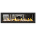 Napoleon Vector 62" See Thru Linear Direct Vent Gas Fireplace with Amber Glass Beads and Birch Log Kit Face on White Background