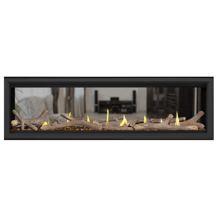 Napoleon Vector 62" See Thru Linear Direct Vent Gas Fireplace with Amber Glass Beads and Contemporary Log Kit Face on White Background