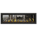 Napoleon Vector 62" See Thru Linear Direct Vent Gas Fireplace with Amber Glass Beads and Nickel Stix Kit Face on White Background