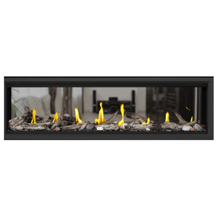  Napoleon Vector 62" See Thru Linear Direct Vent Gas Fireplace with Black Glass Beads and Beach Fire Kit Face on White Background