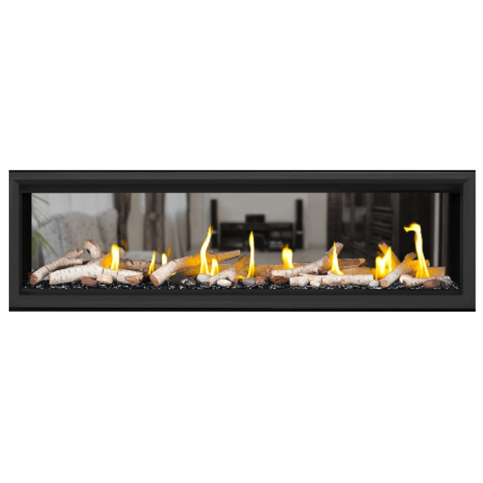 Napoleon Vector 62" See Thru Linear Direct Vent Gas Fireplace with Black Glass Beads and Birch Log Kit Face on White Background