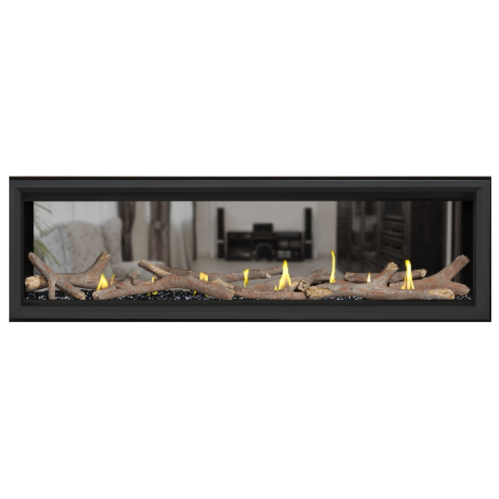 Napoleon Vector 62" See Thru Linear Direct Vent Gas Fireplace with Black Glass Beads and Contemporary Log Kit Face on White Background